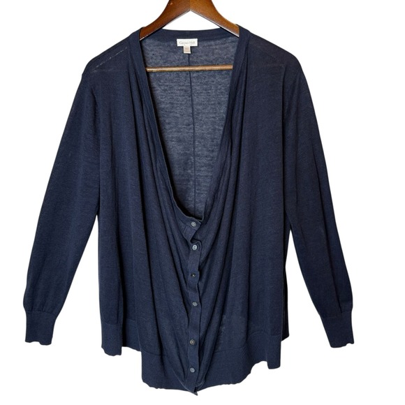 Garnet Hill Easy Linen Drape Front Cardigan size Large Navy